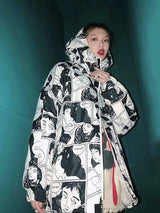 Portrait comic print coat hooded cotton jacket-White-2