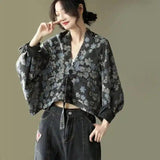 Floral Denim Cropped Jacket for Women-Grey-3