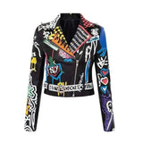 LOVEMI - Lovemi - Printed Hit Color Jacket Motorcycle Leather Jacket