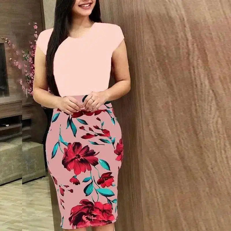 Printed Office Midi Pencil Dress Large Women Dress-Pink-16