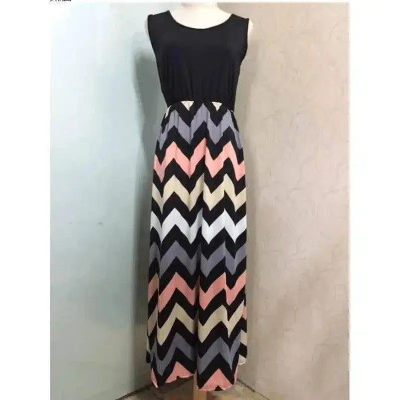 Printed Waves Stripe Long Skirt Dress-Blackpink-19