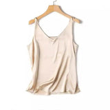 Women's Sleeveless V-Neck Silk Tank Top-Apricot-1