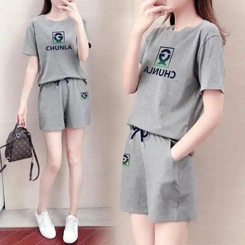 Women's Casual T-Shirt and Shorts Set-Dark Grey-2