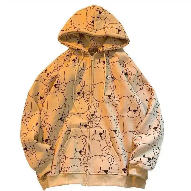 Cartoon Bear Print Zip-Up Hoodie with Pockets-Apricot-1