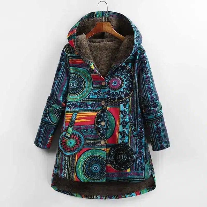 Retro Ethnic Floral Print Plus Size Cotton Jacket-Blue-1