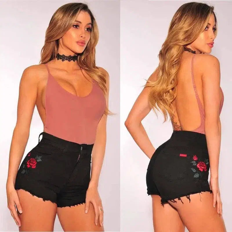 Rose Embroidered Denim Shorts-Black-17