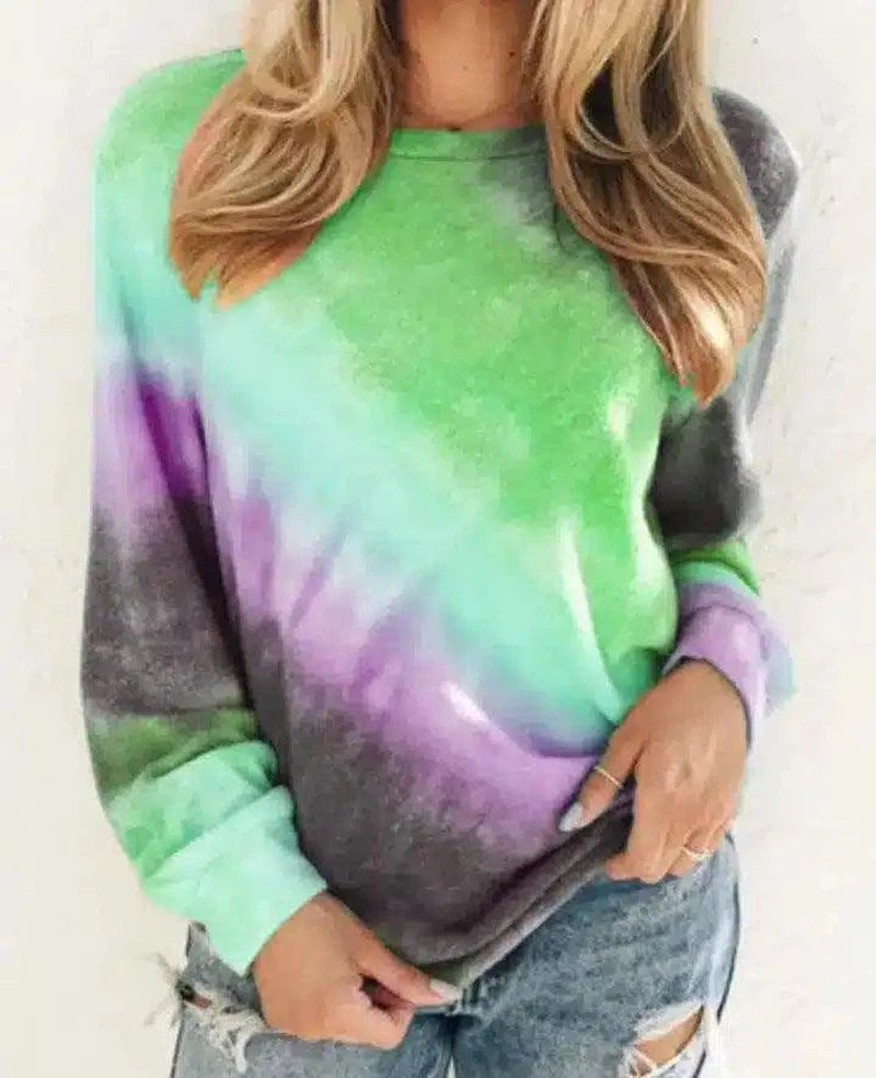 Tie-Dye Crewneck Casual Women's Sweatshirt-Green-5