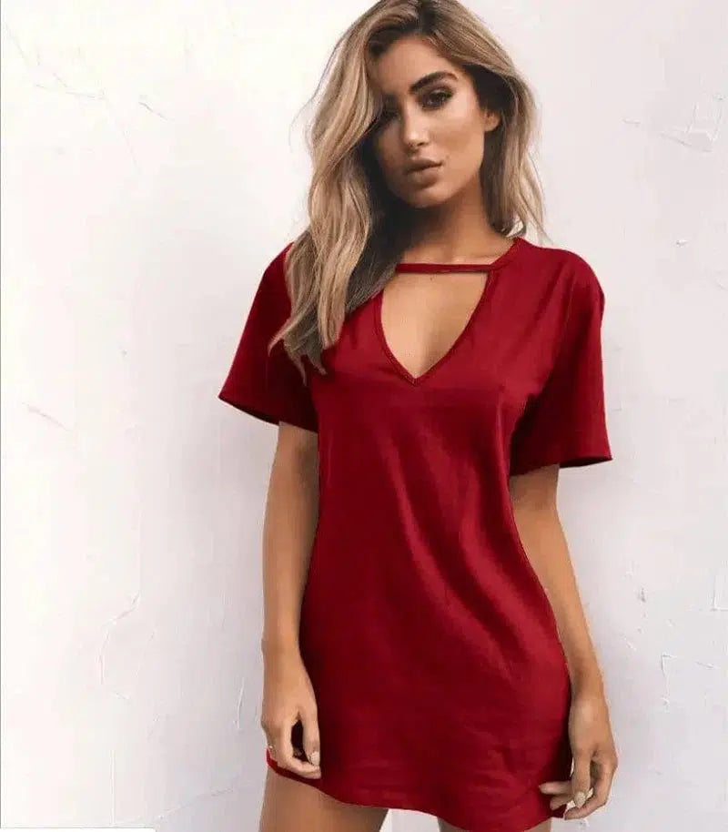 deep V short-sleeved T-shirt loose casual dress-Claret-46