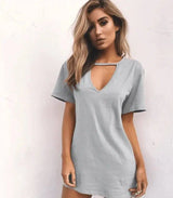 deep V short-sleeved T-shirt loose casual dress-gray-59