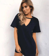 deep V short-sleeved T-shirt loose casual dress-black-76