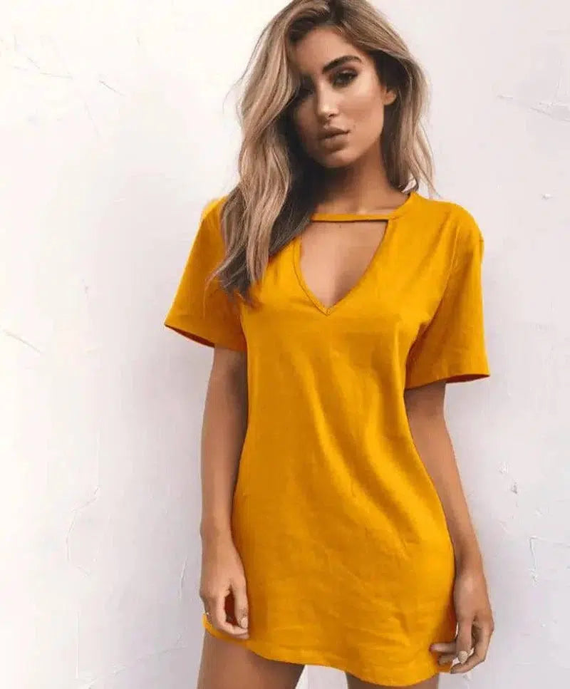 deep V short-sleeved T-shirt loose casual dress-yellow-90