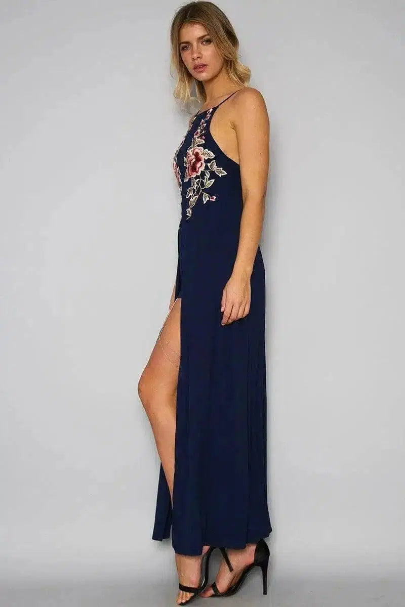 halter backless hand-embroidered split dress-blue-11