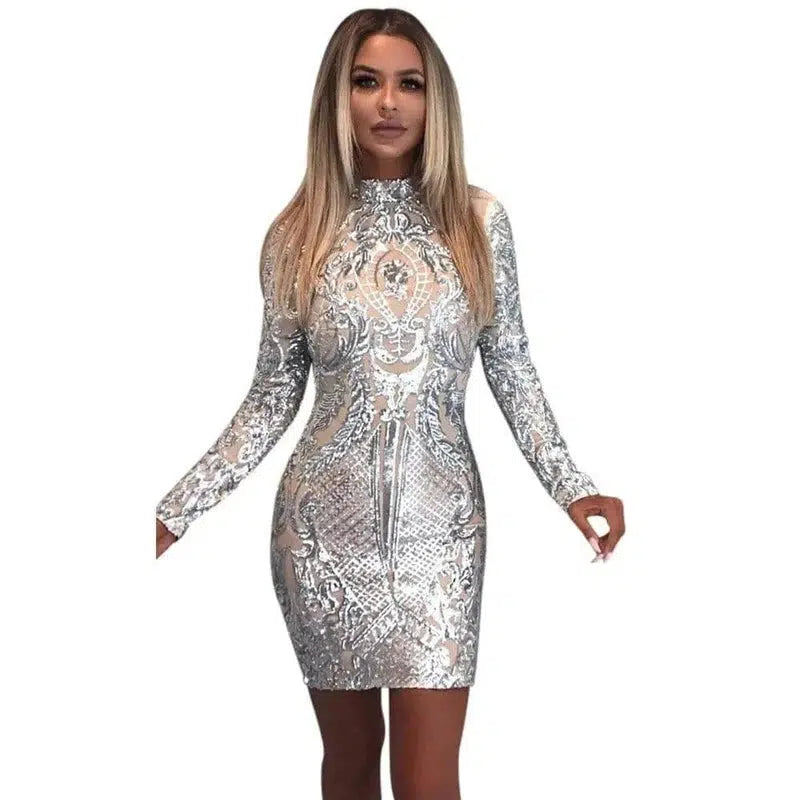 High Neck Long Sleeve Sequin Elegant Party Dress-12