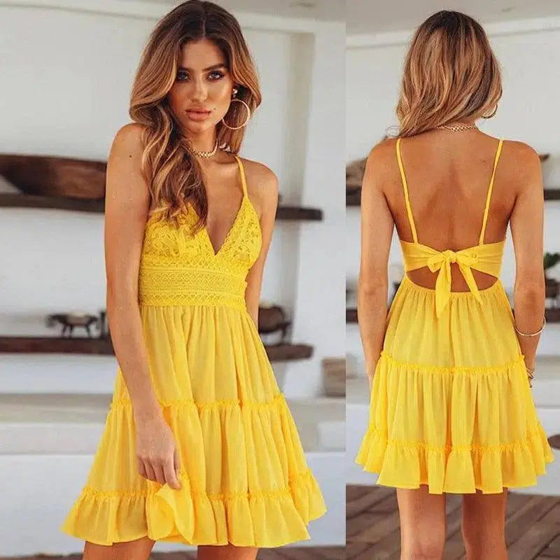 lace sling stitching bow princess dress-Yellow-10