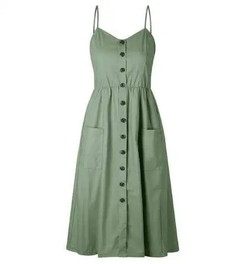 Suspender Button Pocket Halter Dress-Green-23