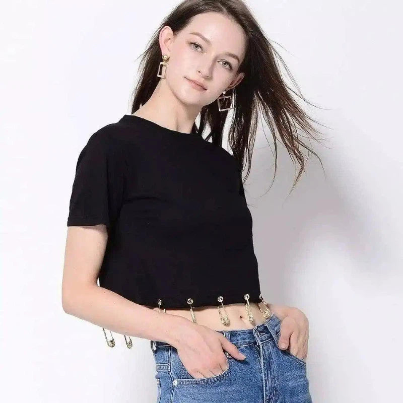 Cropped T-Shirt with Metal Charm Detail-1