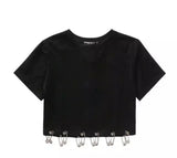 Cropped T-Shirt with Metal Charm Detail-black-2