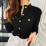 Chic Knit Cardigan with Button Closure & Shoulder Bag-Black-3