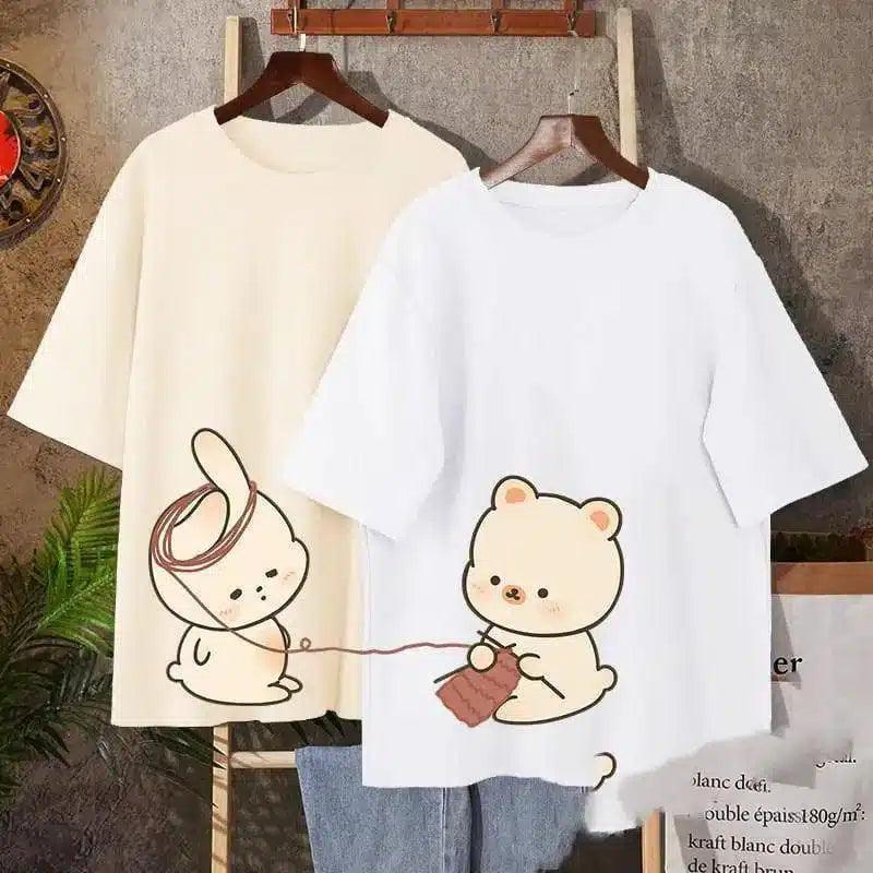 Cute Cartoon Animal Print Cotton T-Shirts-Miga White-8