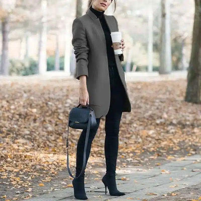 Womens Tailored Long Coat with Turtleneck-Dark grey-2