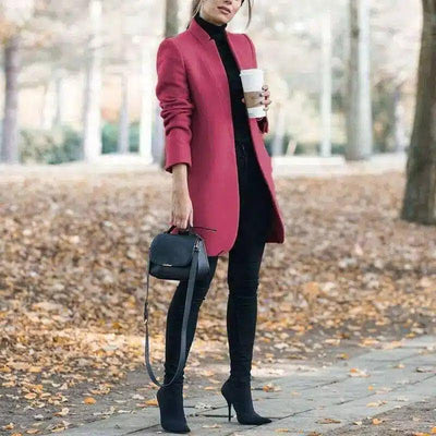 Womens Tailored Long Coat with Turtleneck-Pink-7