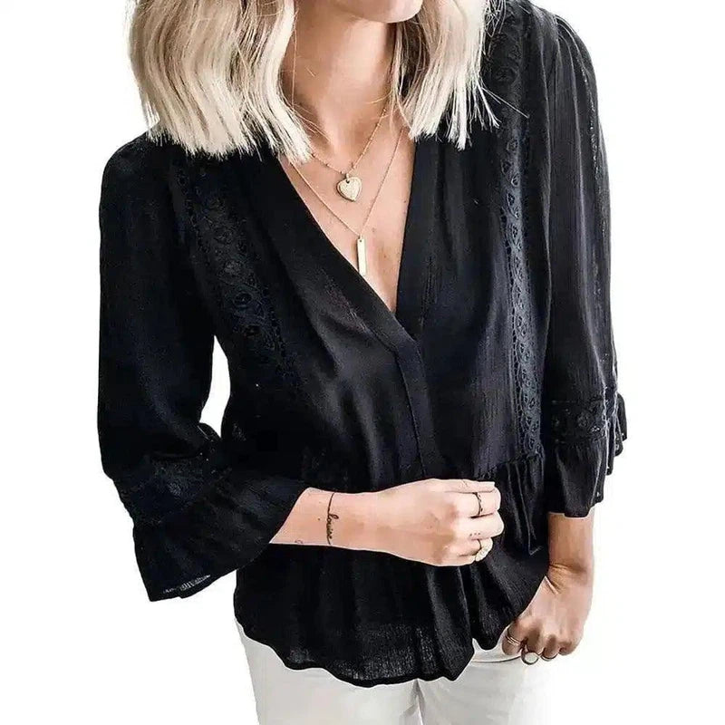 Lace Detail Women's Casual V-Neck Blouse-Black-2