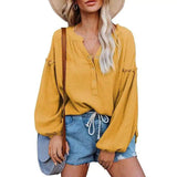 Women's Casual V-Neck Blouse with Long Sleeves-Yellow-5