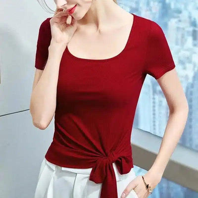 Women's Short Sleeve Knotted Tee-Red-1