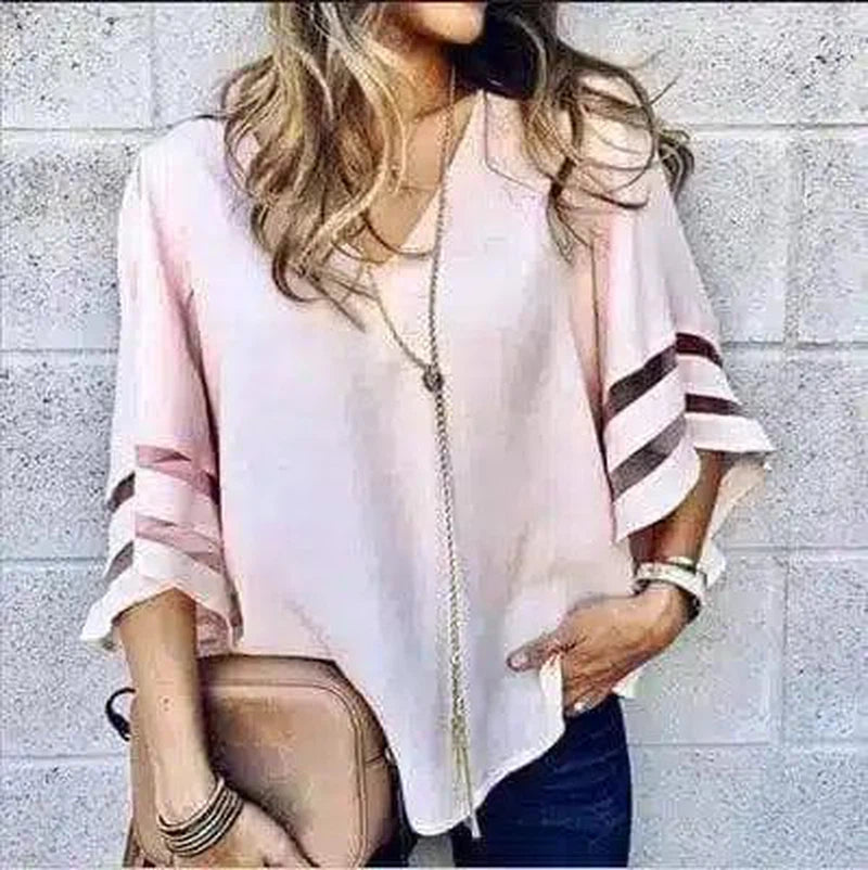 Women's Casual V-Neck Striped Sleeve Blouse-Pink-12