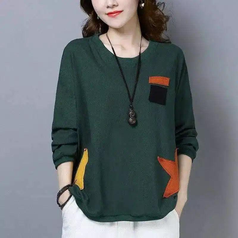 Women's Casual Patchwork Top-Green-1