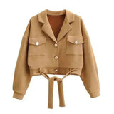 Women's Belted Crop Jacket with Pockets-Khaki-2