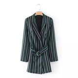 Striped Belted Blazer Dress-Green-2