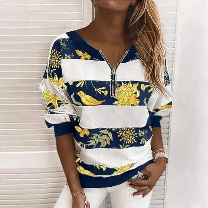 Striped Printed Long-Sleeved Zipper Loose Casual Sweater-Blue flowers-3