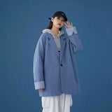 Oversized Trendy Hoodie with Striped Cuffs-Denim blue-2