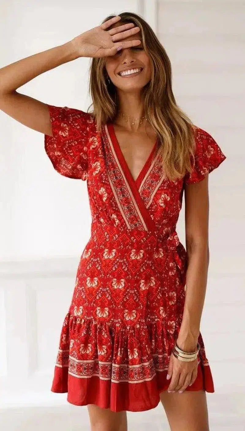 Summer V-neck bohemian print dress skirt women-Red-30