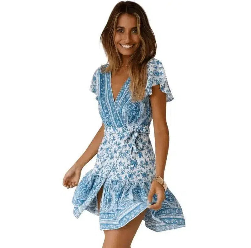 Summer V-neck bohemian print dress skirt women-Skyblue-36