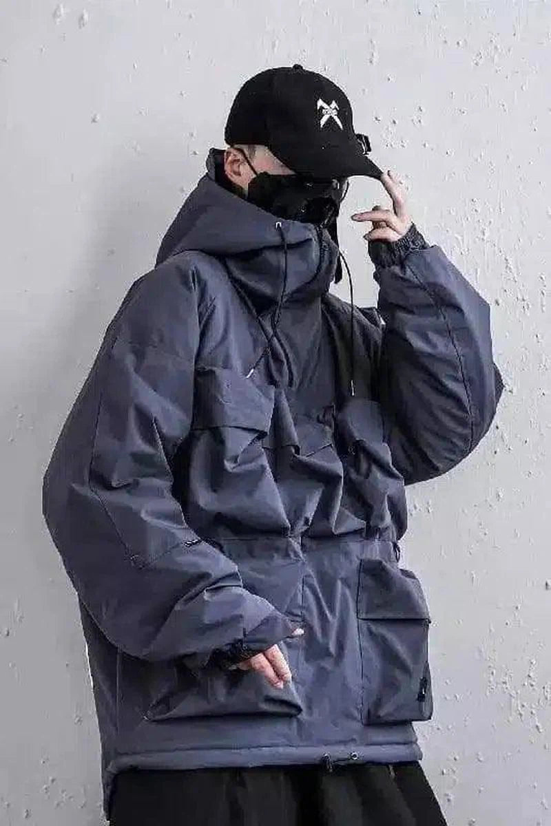 Hooded Tactical Jacket with Pockets-Navy-2