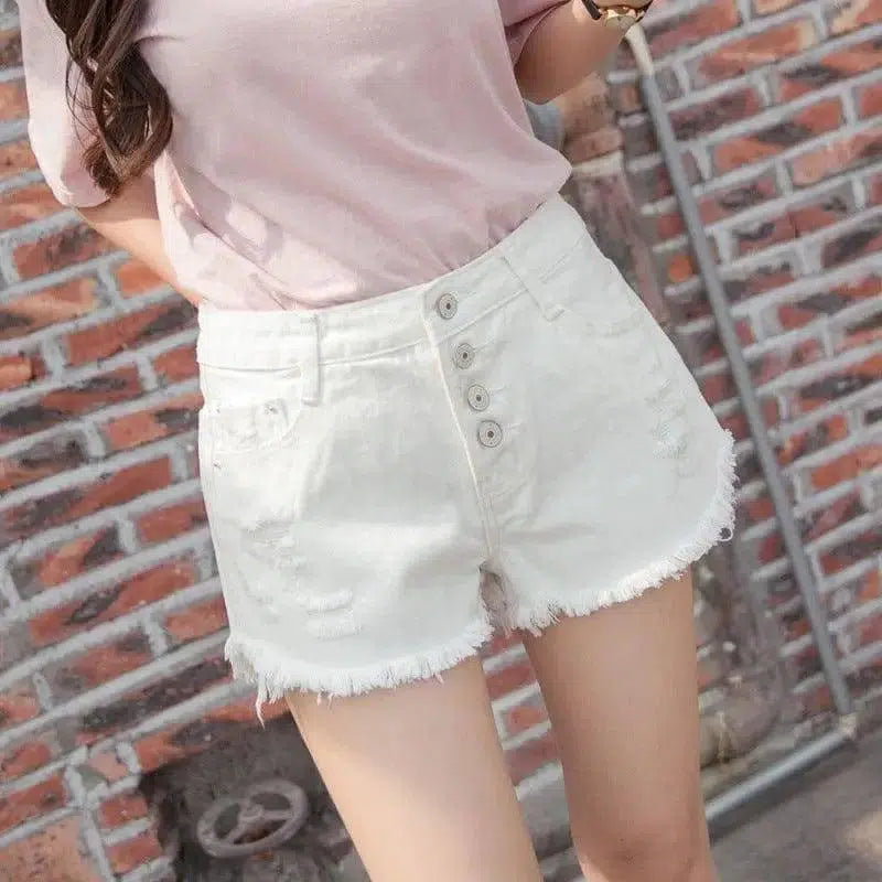 Tassel Cutoff Denim Shorts-White-14