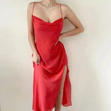 Satin Spaghetti Strap Dress with Corset Bodice-Red-4