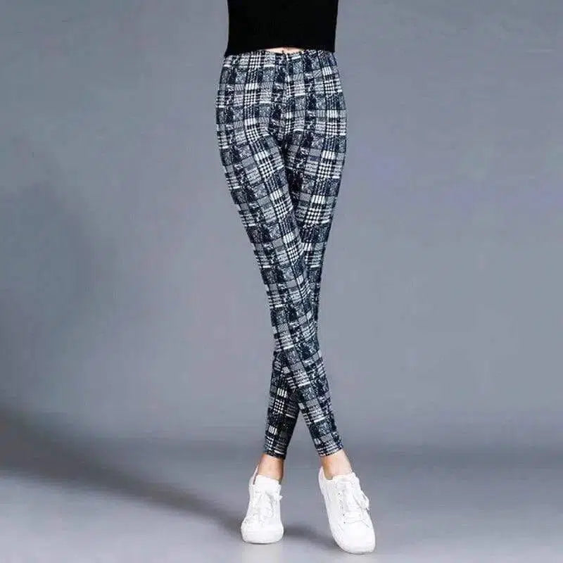 Thin cropped cotton leggings-Blue plaid-12