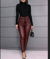 Tight pu leather leggings-Red wine-2