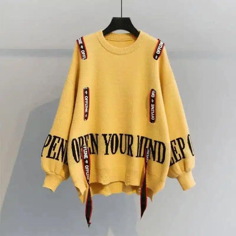 Slogan Crew Neck Oversized Knit Sweater-Yellow-3