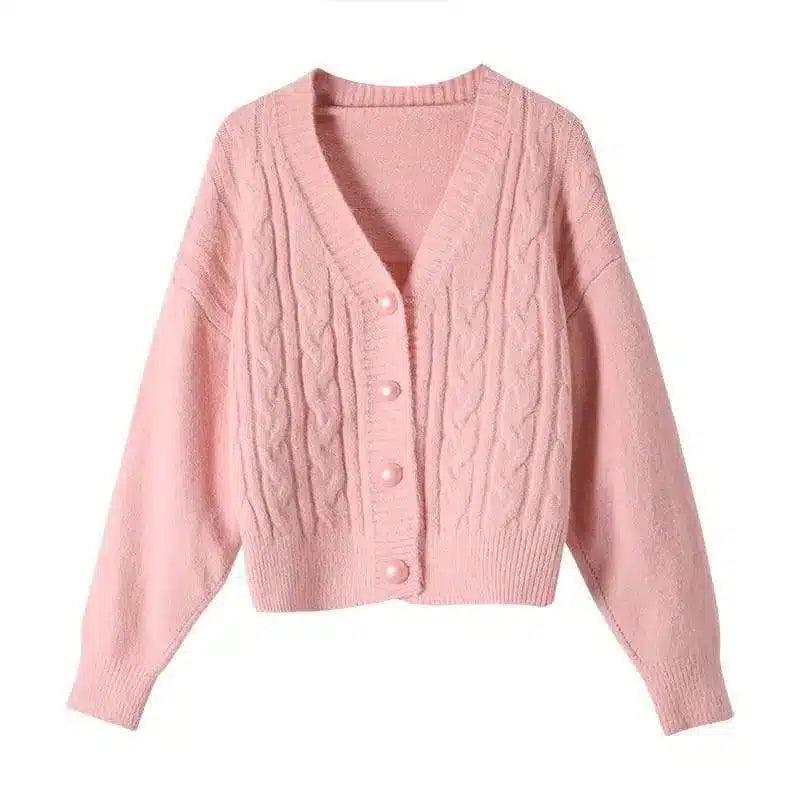 Warm Knit V-Neck Cardigan with Buttons-Pink-2