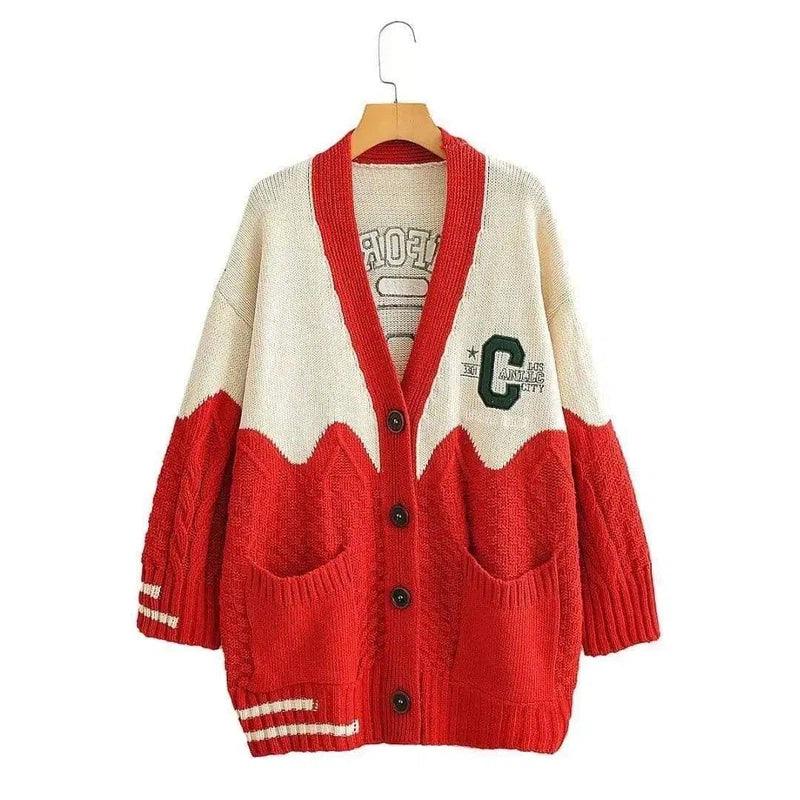 Varsity Cardigan Sweater with Pockets-Red-3