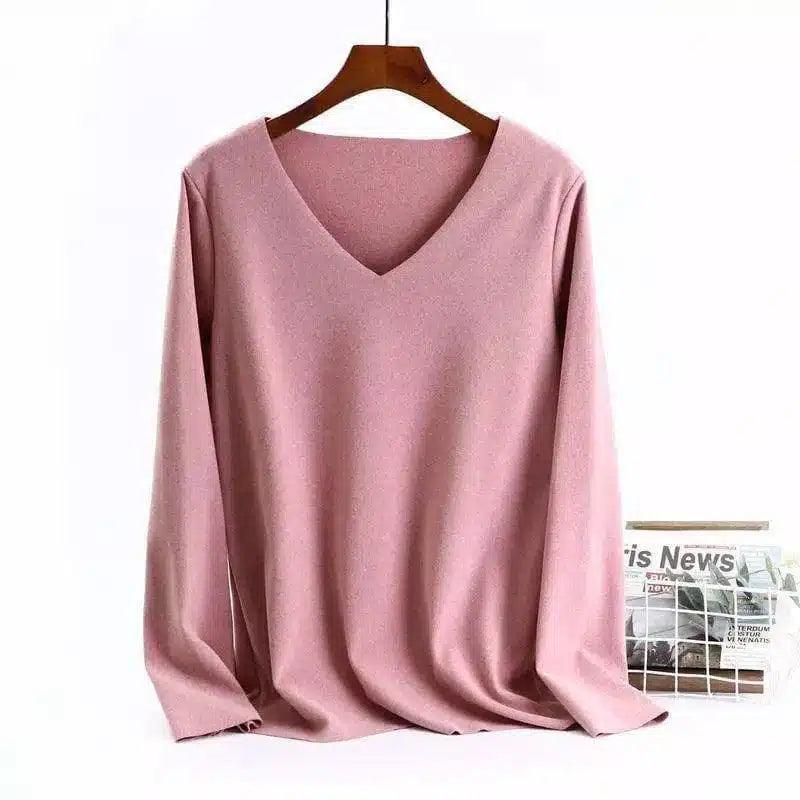 Women's V-Neck Long Sleeve Blouse-Pink-4