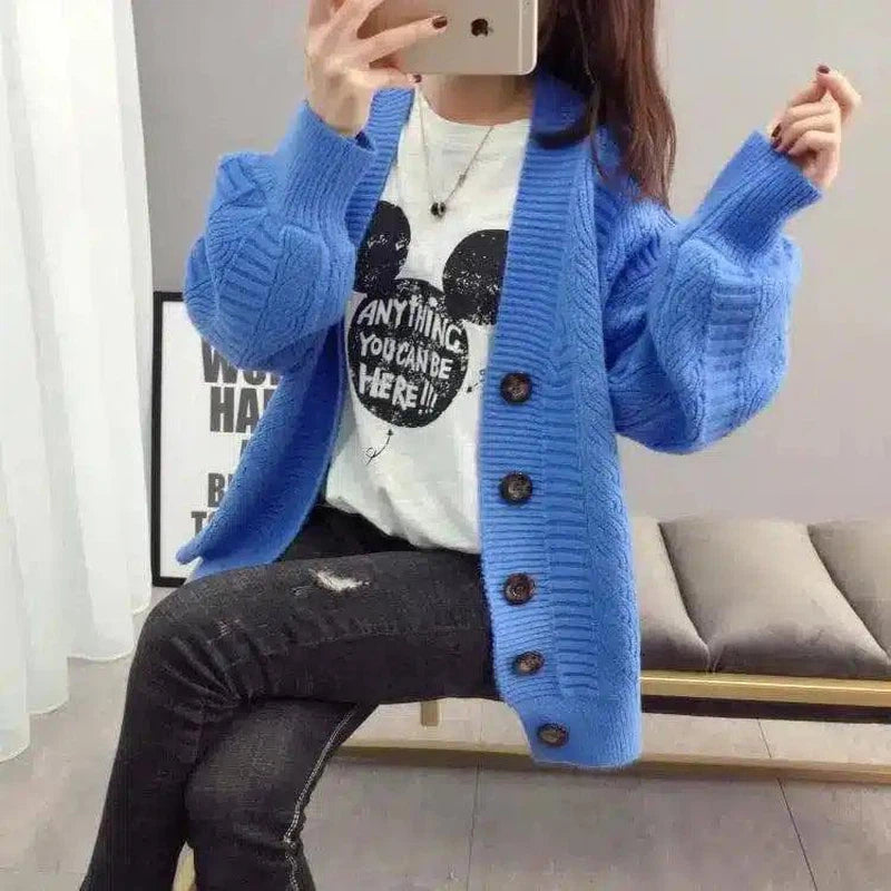 Cozy Knit Buttoned Cardigan for Women-Blue-4