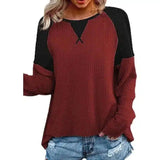 Women's Casual Contrast Sleeve Top-Wine Red-5