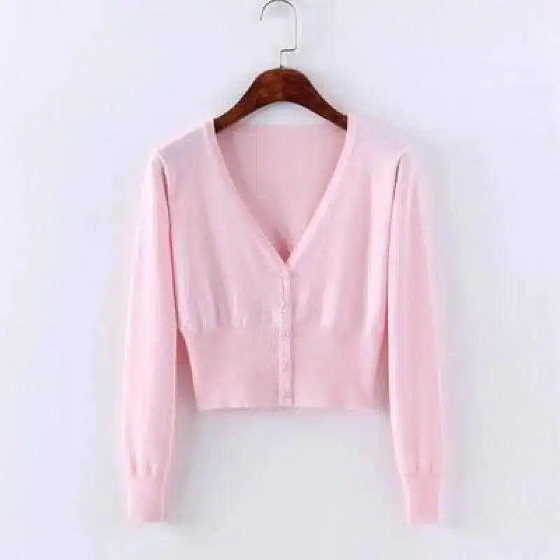 Womens V-Neck Buttoned Knit Cardigan-Pink-3