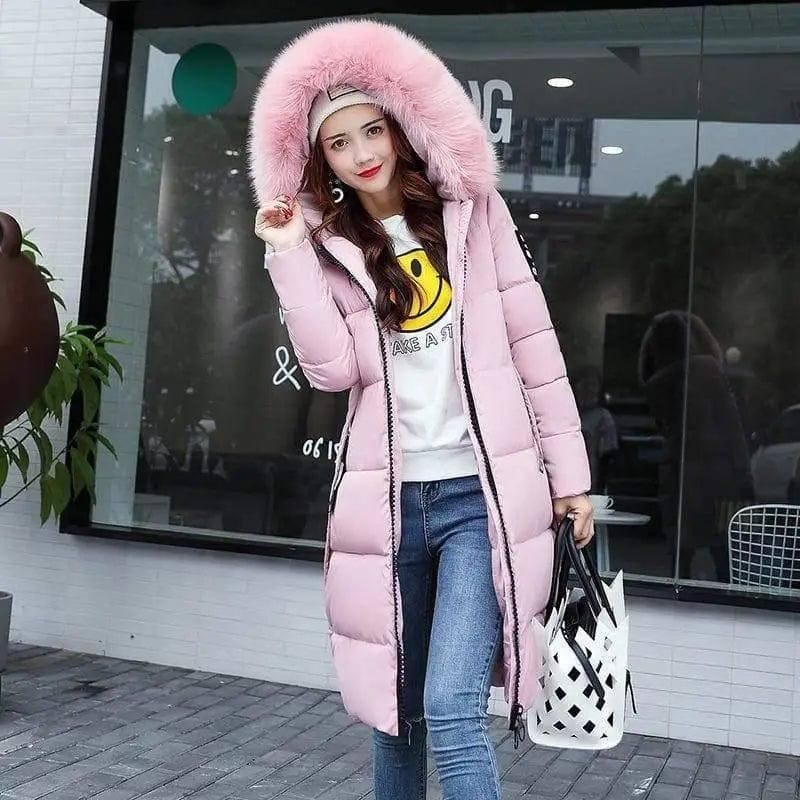 Winter Elegance: Chic Padded Jacket with korean Fur Hood-Pink-3