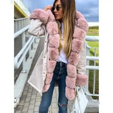 Winter mid-length pie overcoming thick fur collar furry coat-Pink-6